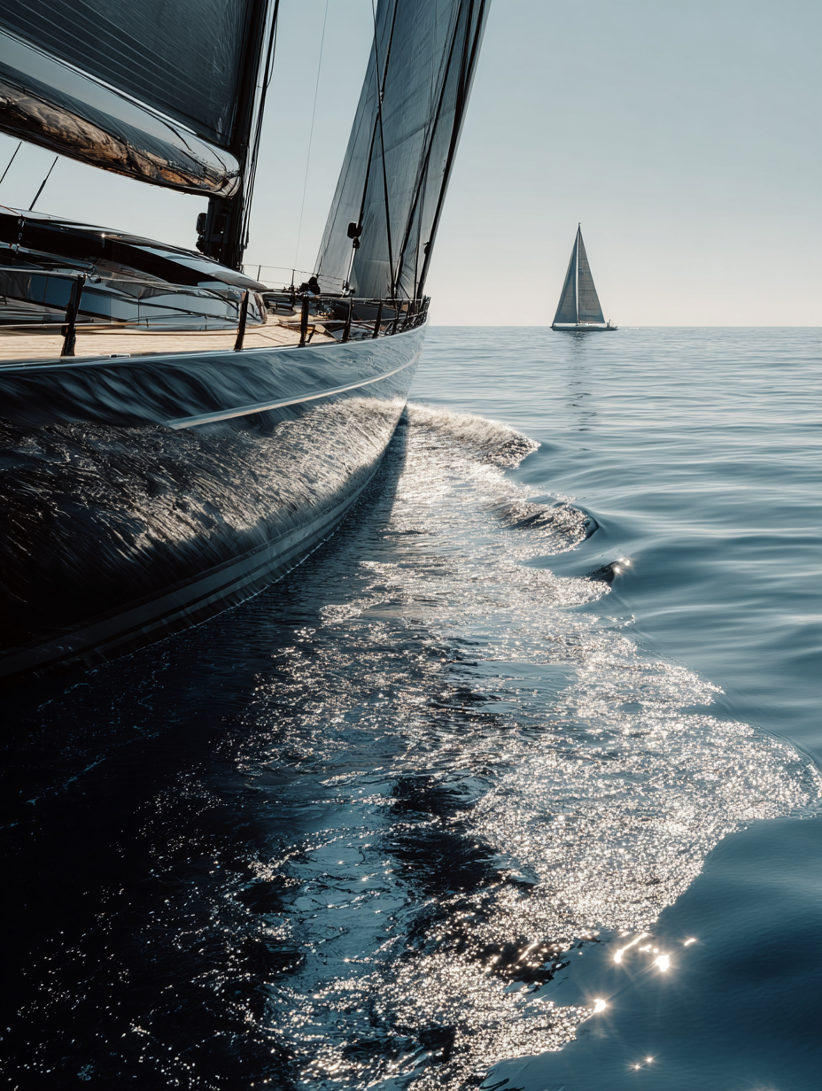 Luxury sailing yacht hull gliding across calm ocean water with shimmering silver wake and distant sailboat