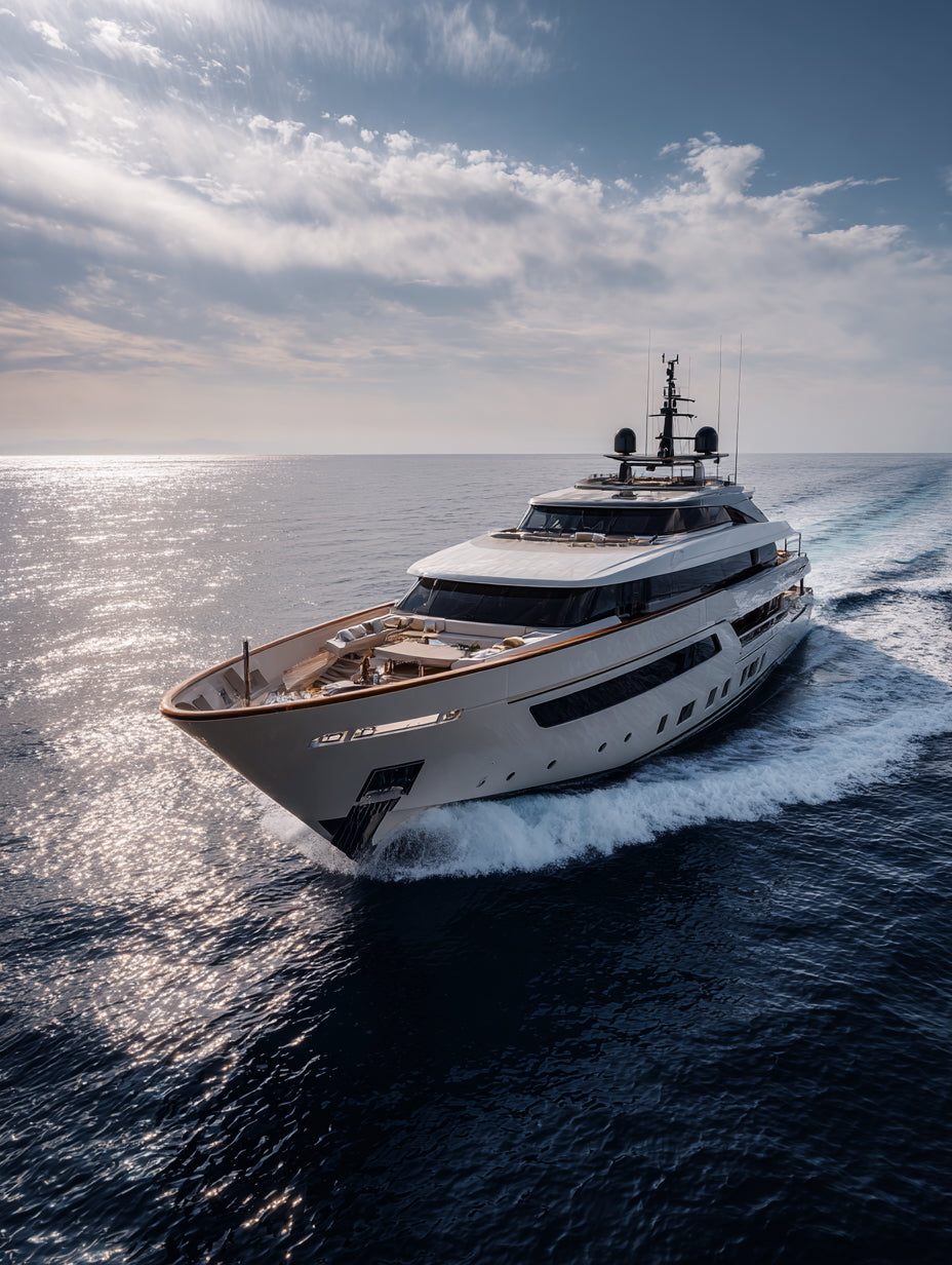 Luxury white superyacht cruising across calm open ocean under wide blue sky