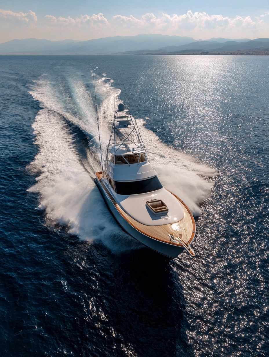 Luxury sportfishing yacht speeding across deep blue ocean leaving white wake trails behind