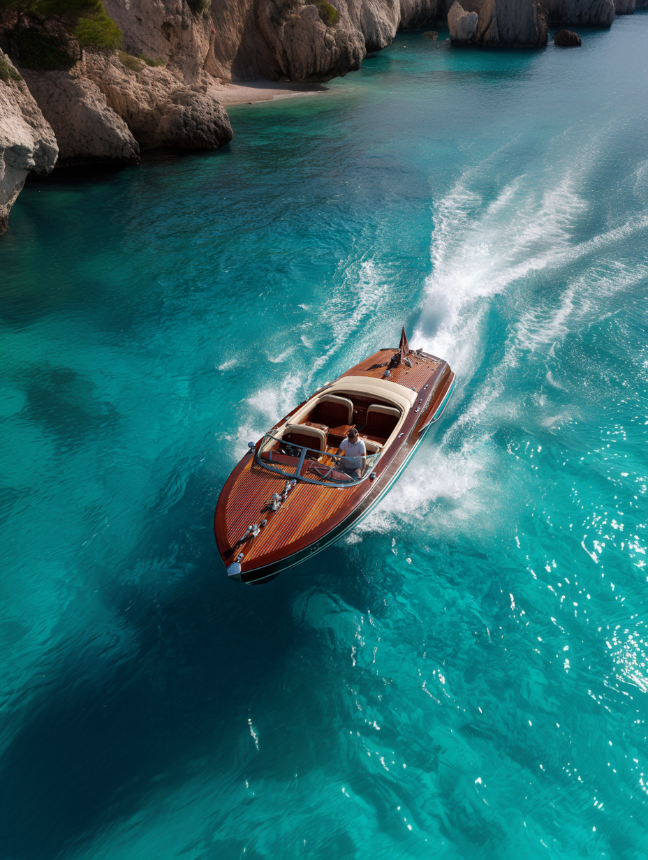Classic wooden speedboat racing across turquoise Mediterranean water near limestone coastal cliffs