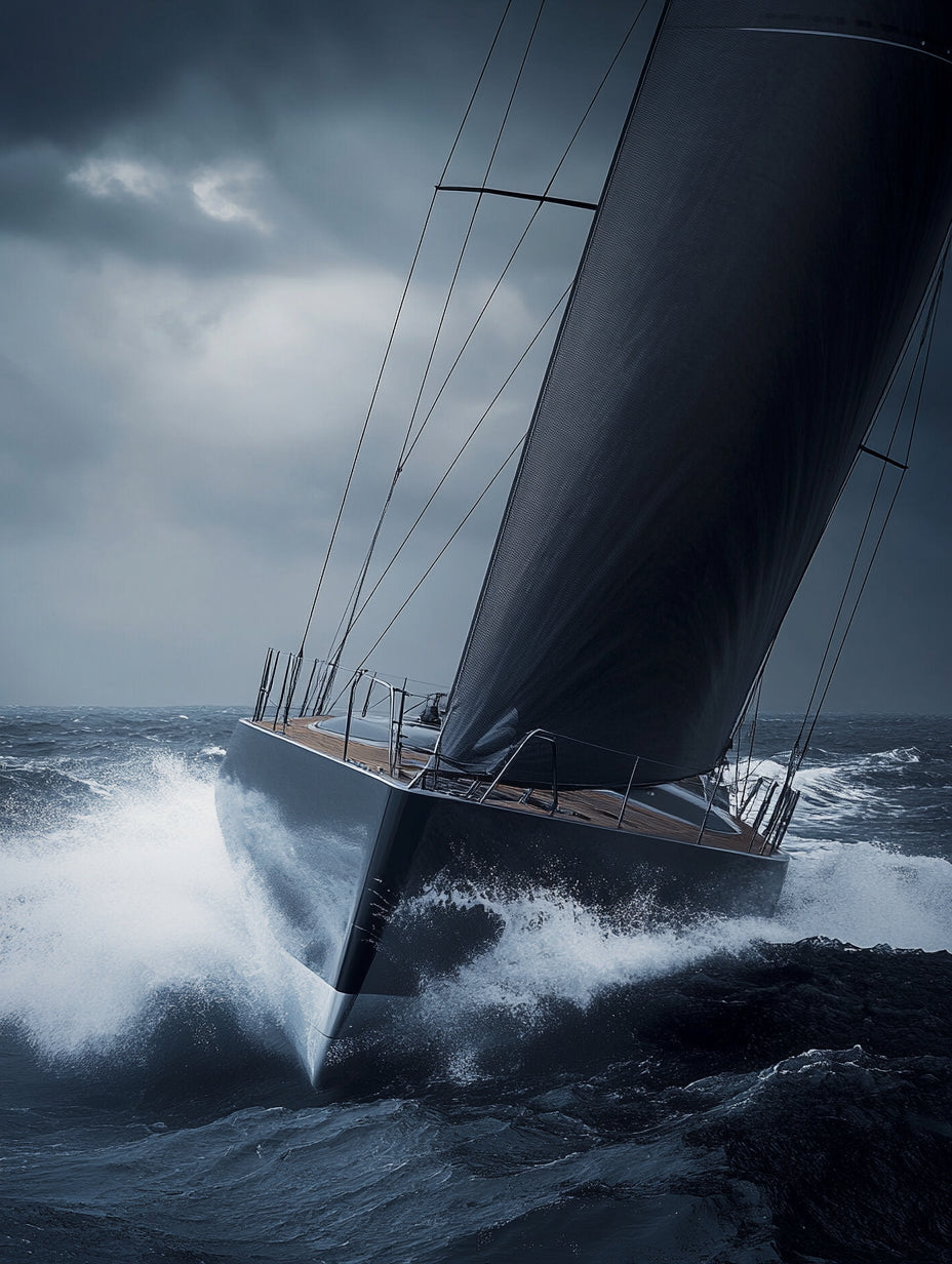 Modern racing yacht with dark sail cutting through powerful ocean waves under dramatic sky