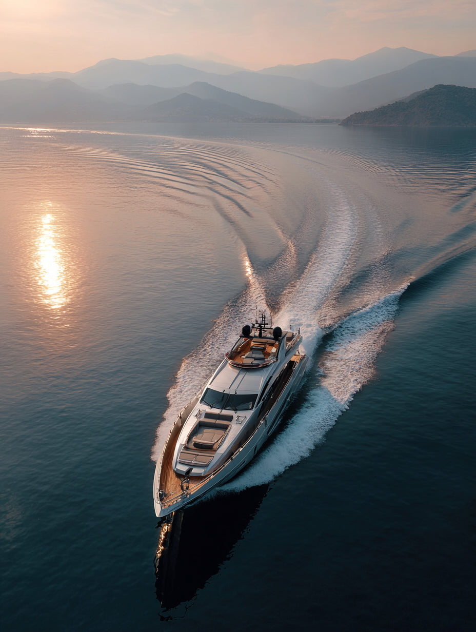 Luxury motor yacht cruising across calm ocean at sunset leaving sweeping wake patterns behind