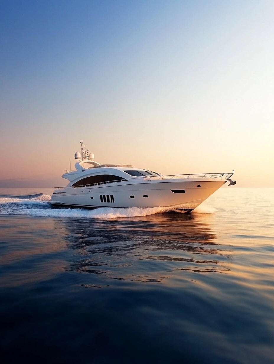 Luxury white motor yacht cruising across calm ocean at sunset with golden reflections on the water