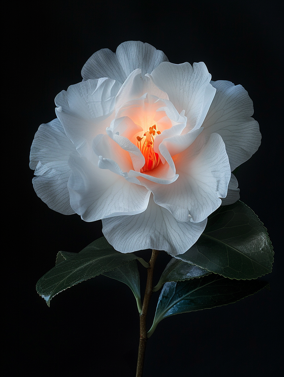 White camellia flower with glowing orange centre on dark background fine art print