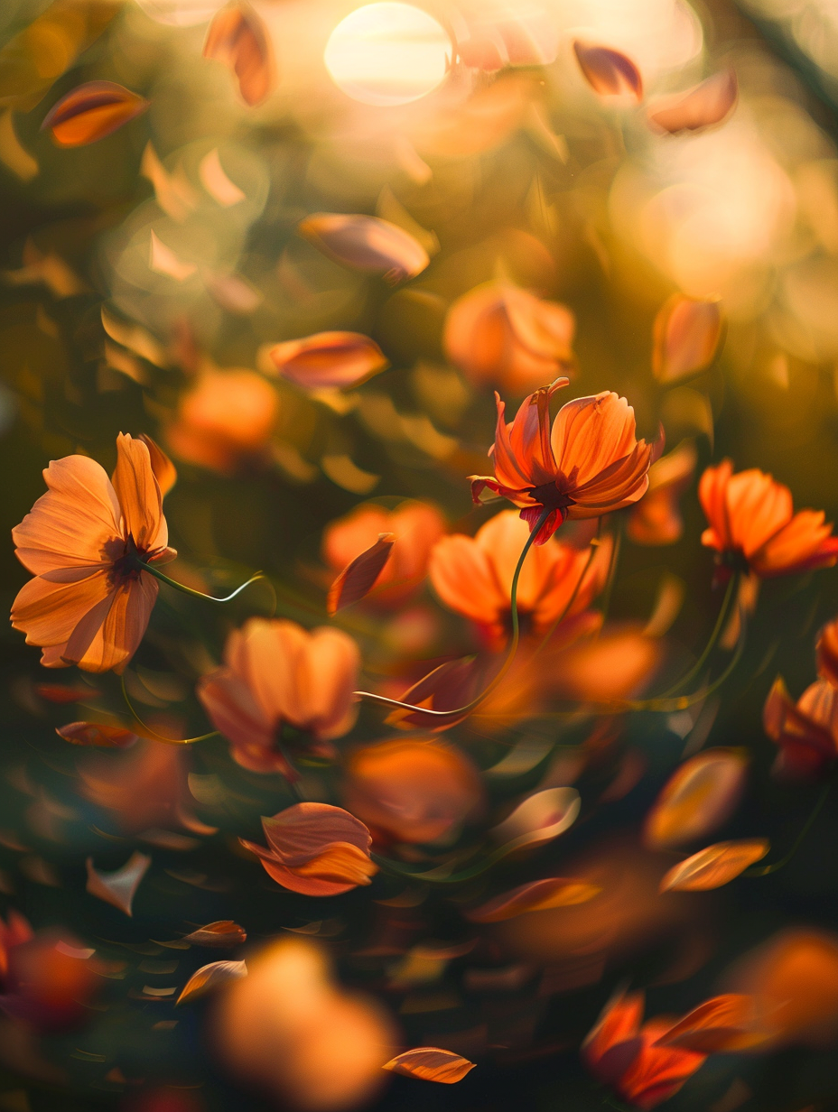 Golden cosmos flowers drifting in warm sunset light with soft motion
