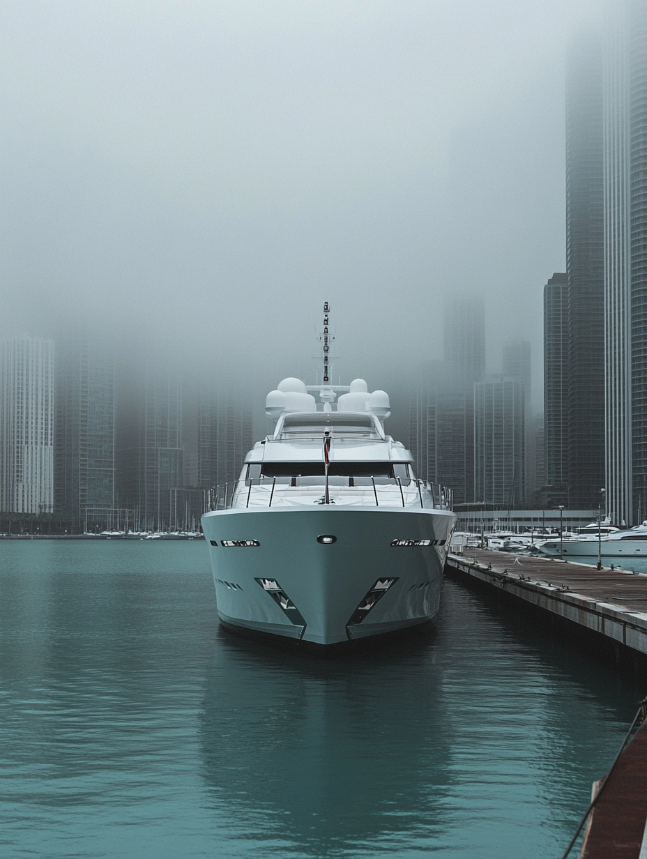 Luxury white superyacht docked in misty marina with city skyscrapers fading into fog behind