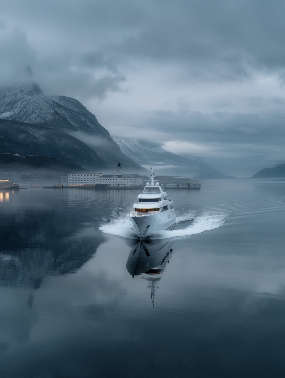 Luxury superyacht moving through calm reflective water in misty minimal seascape, cinematic fine art