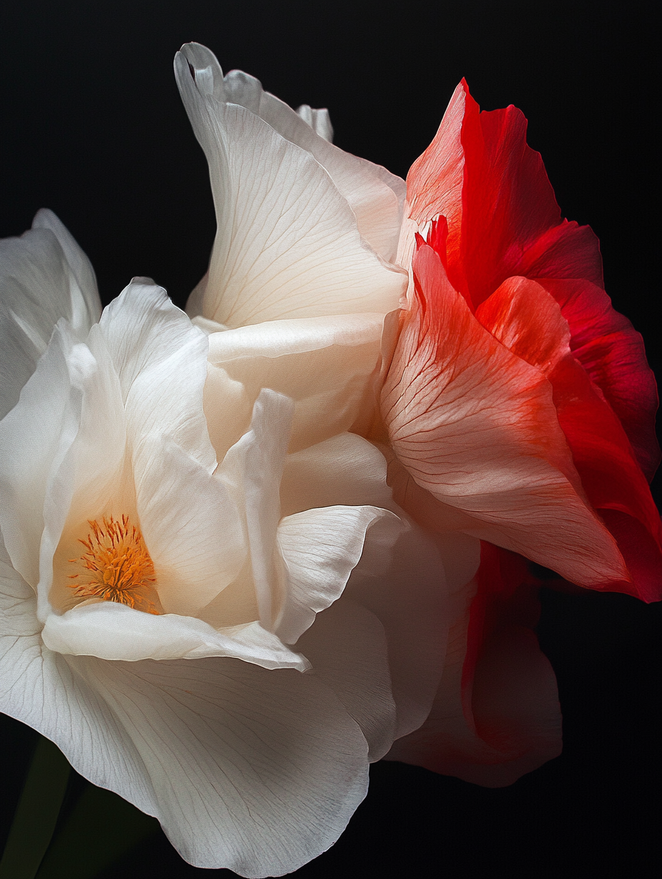 close up red and white flowers with soft lighting and dark background