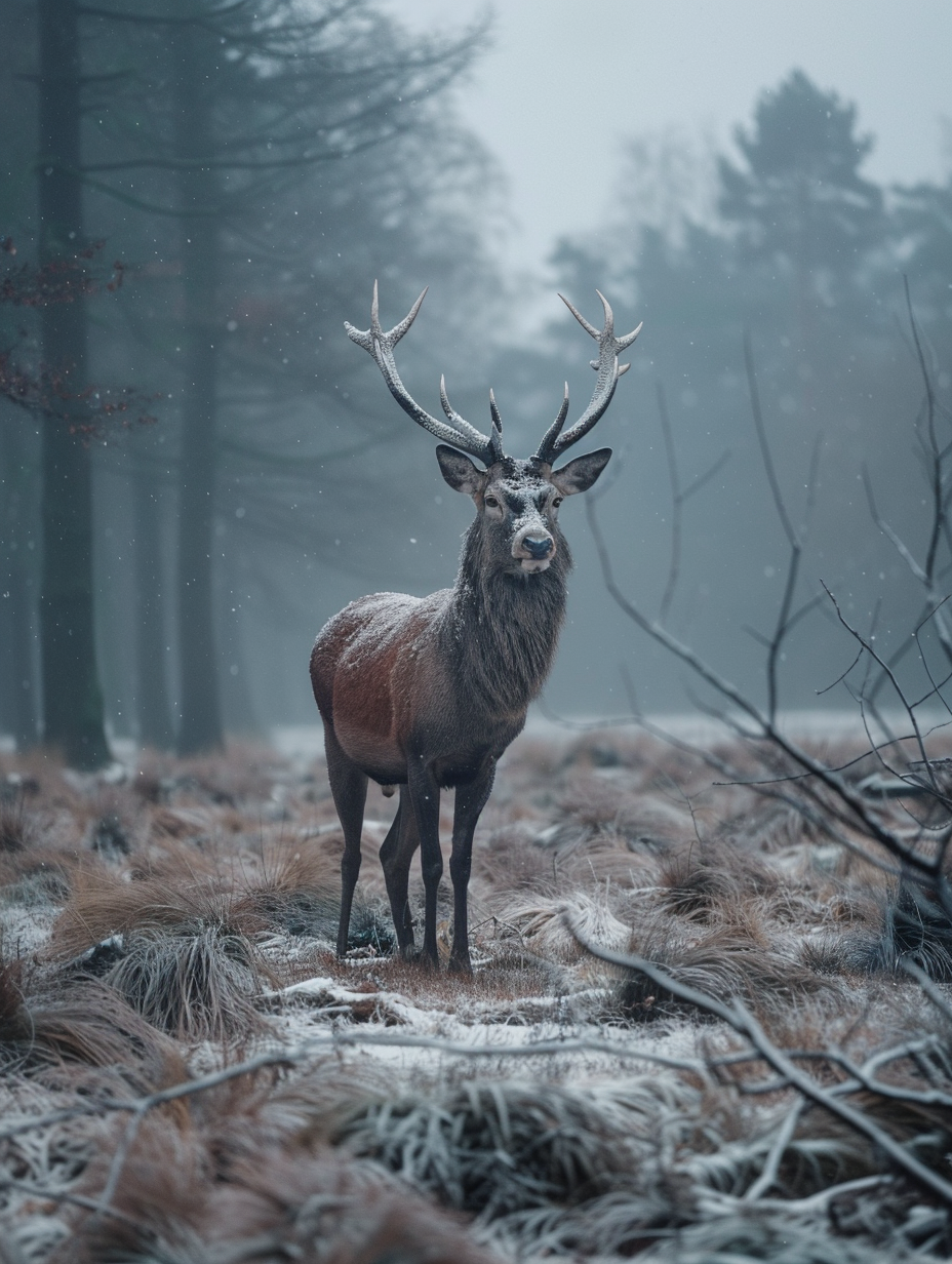 Photorealistic red deer stag standing in a snowy winter forest with misty trees and soft falling snow