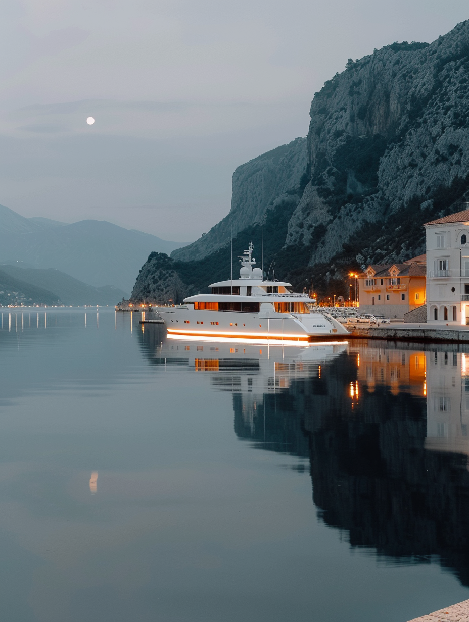 Luxury yacht moored at dusk with glowing shoreline lights and mountain backdrop, calm reflective water, fine art print Evening Mooring by Artilo
