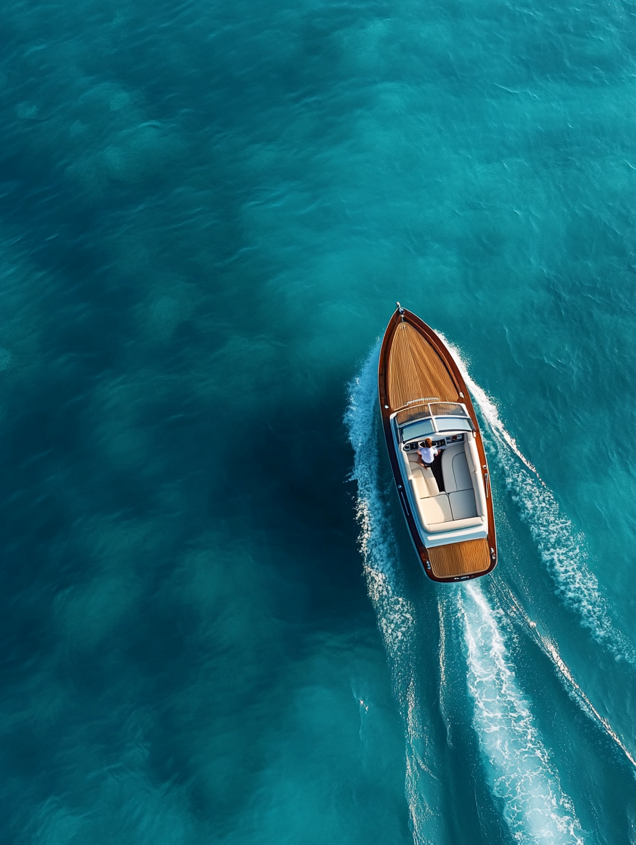 Classic mahogany wooden runabout on turquoise water with a white wake trail
