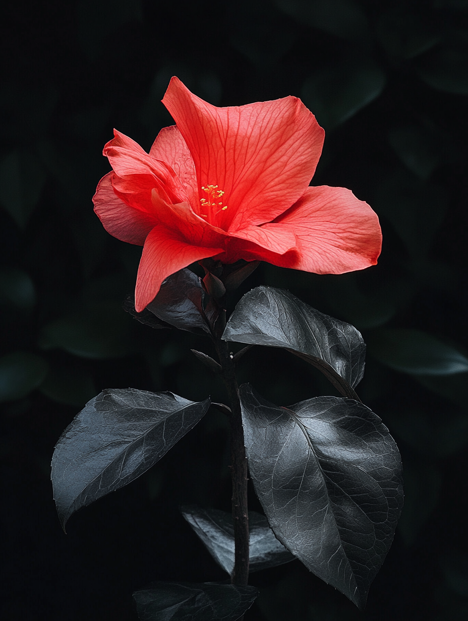 single red flower with dark leaves on a black background high contrast floral image