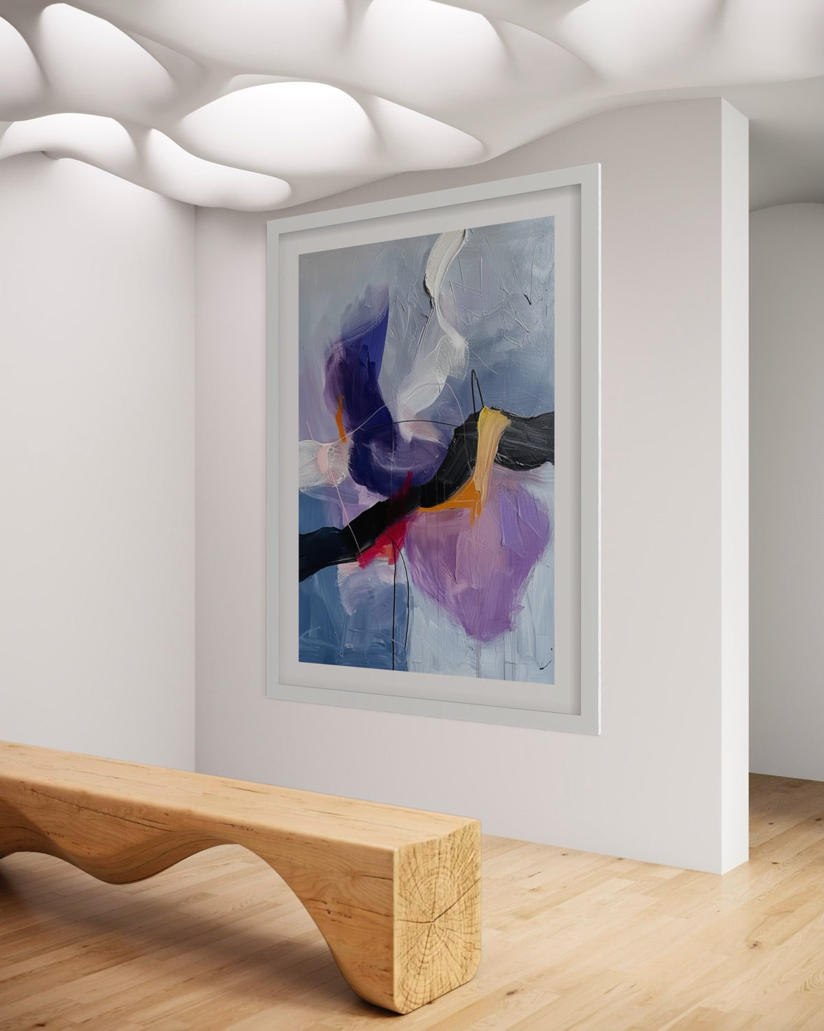 Contemporary abstract fine art print featuring layered lavender, pale blue, black, blush pink, and cream brushstrokes with expressive textured paint details.