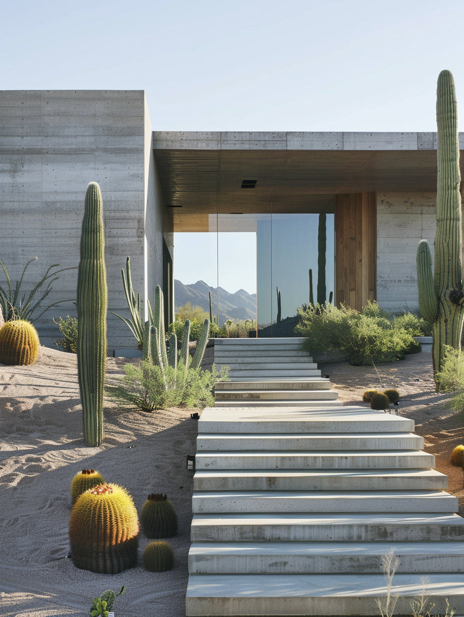 Modern concrete desert house with stepped entry, cacti garden, and glass facade inspired by Palm Springs architecture